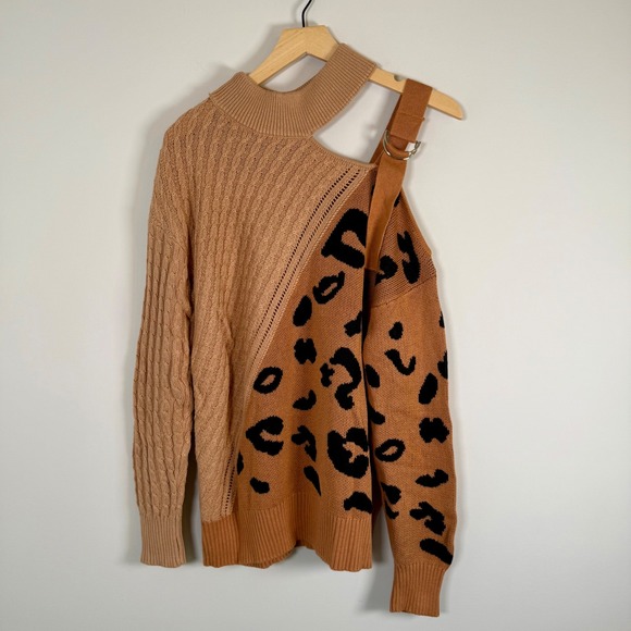 Animal Cheetah Print Cable Knit Buckle One Shoulder Pullover Sweater Medium - Picture 1 of 5